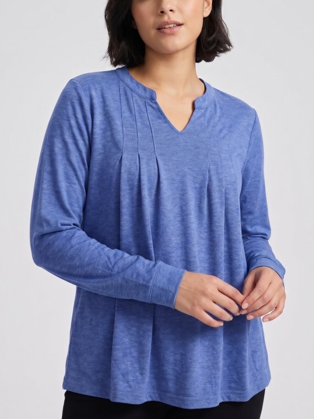 NWT | Blue Pleated Long Sleeve Henley Neck Tunic Top Soft Stretch | Large